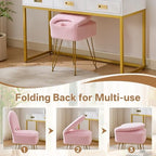 Gitrah Pink Vanity Chair with Storage, Folding Back Faux Fur Vanity Stool, Makeup Ottoman with Gold Legs for Bedroom/Bathroom - Image 4