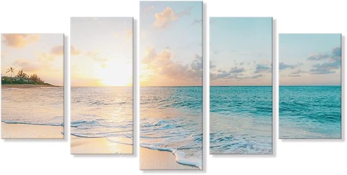 Goldfoilart 5 Pieces Beach Sunset Canvas Wall Art Blue Sea Prints Romantic by Goldfoilart
