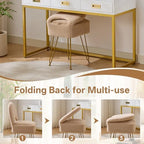 Gitrah Vanity Chair with Storage, Folding Back Faux Fur Vanity Stool, Makeup Ottoman with Gold Legs for Bedroom/Bathroom, Beige - Image 4