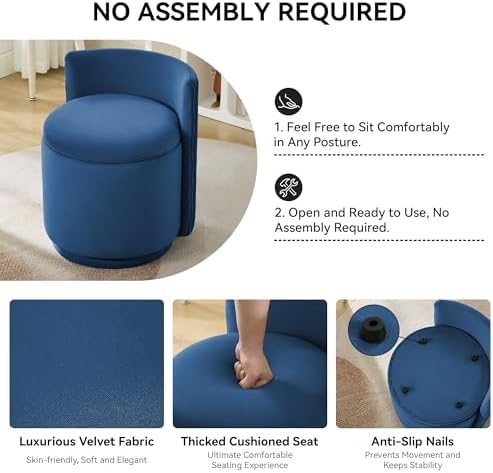 WUTUTUEE Velvet Vanity Chair with Storage, 360° Swivel Makeup Chair with Wave Back, No Assembly Small Accent Stool for Bedroom, Dressing, Living Room, Blue - Image 4