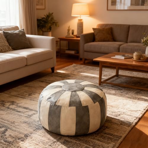 Thgonwid Unstuffed Moroccan Ottoman Pouf Cover, Ottoman Footstool Storage Solution, Bean Bag Chair, Foot Rest, Gray & Mushroom - Image 2