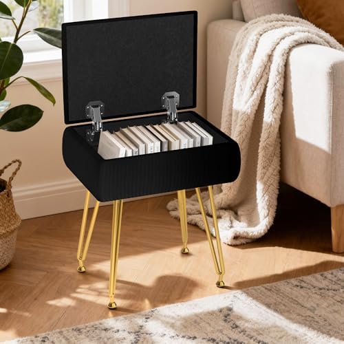 Marching Pin Vanity Stool Chair with Storage, White Faux Velvet Ottoman Chair for Bedroom, Makeup Stool with Soft Padded Seat & 4 Sturdy Metal Legs, 284LBS Capacity, 15.7" L x 11.8" W x 19.6" H - Image 2