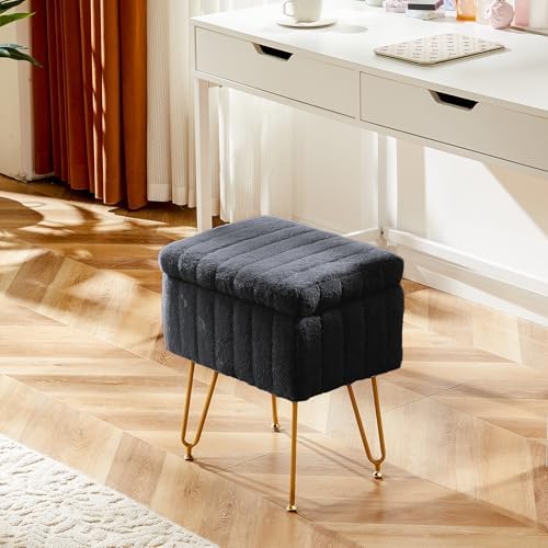 OLIXIS Vanity Stool Chair Faux Fur with Storage, Soft Ottoman 4 Metal Legs - Image 2