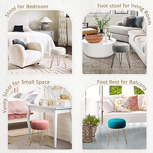 LUE BONA Vanity Stool, Gold Vanity Stools for Makeup Room, Round Ottoman Foot Stool, Velvet Footrest Vanity Chair for Bathroom Vanity, Bedroom, Living Room, Entryway, Offices, 300lbs - Image 7