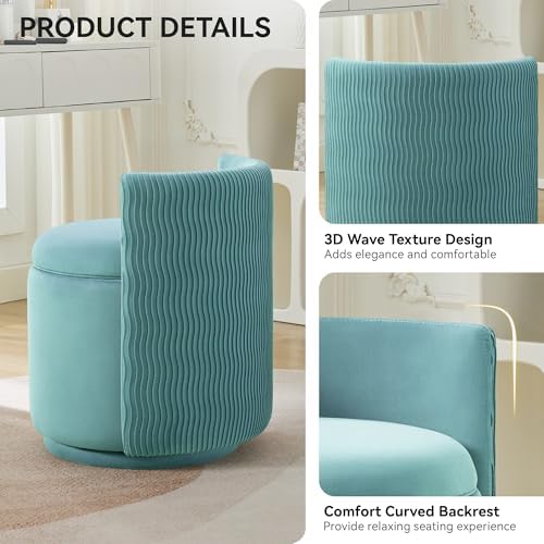 WUTUTUEE Velvet Vanity Chair with Storage, 360° Swivel Makeup Chair with Wave Back, No Assembly Small Accent Stool for Bedroom, Dressing, Living Room, Teal - Image 3