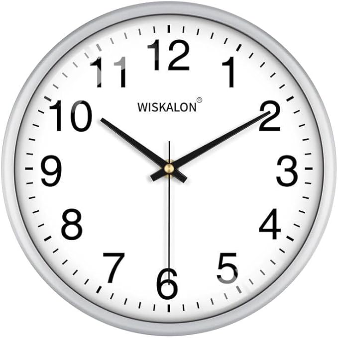WISKALON 10 Inch Wall Clock, Silent Non-Ticking Round Silver Frame Clock by WISKALON
