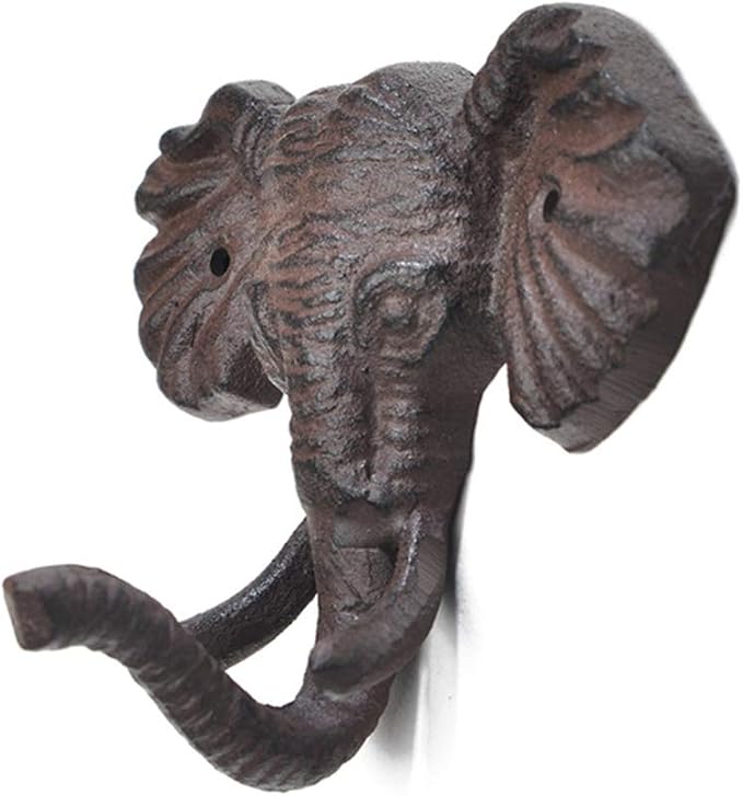 Antiqued Reproduction Cast Iron Elephant Head Single Hook Hanger Animal Shaped by Geenite