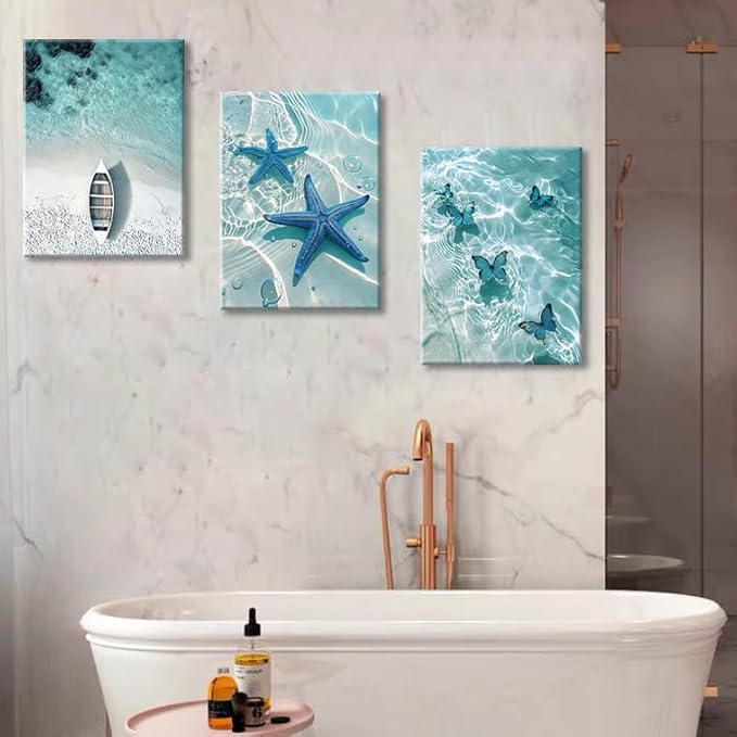 weiyiart Blue Ocean Canvas Wall Art Coastal Starfish Painting Prints Beach - Image 5