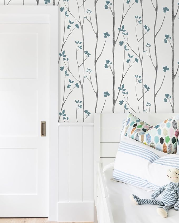 Timeet Peel and Stick Wallpaper White and Blue Floral Wallpaper Boho Leaf - Image 9