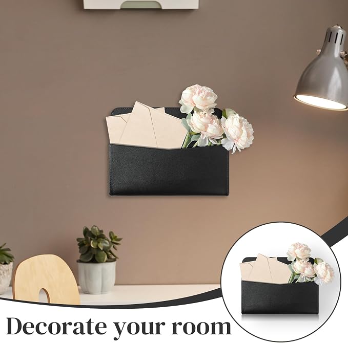 3 PCS Wall Mount PU Leather Mail Holder Black Faux Leather Letter Holder 2 Ring - Image 6