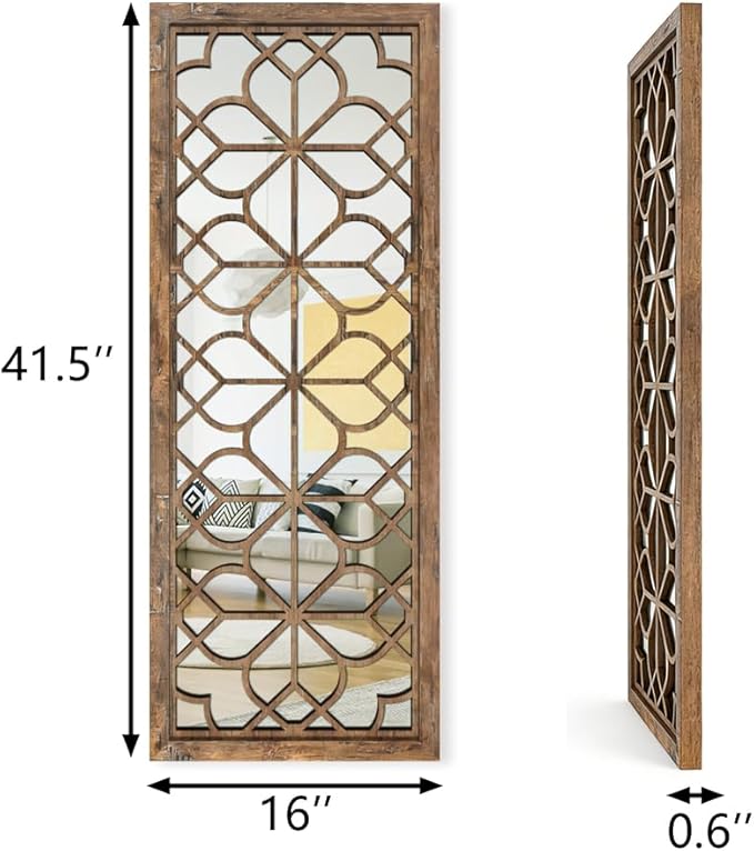 Set of 2 16x41.5 Inch Large Carved Floral Wood Frame Wall Mirrors, Shatterproof - Image 2