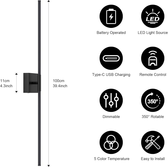 Battery Operated Wall Sconce, 3000K-6000K Dimmable Black Wall Lights - Image 4