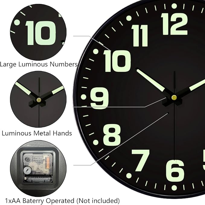 12 Inch Silent Wall Clocks Battery Operated, Glow in The Dark Wall Clock - Image 8