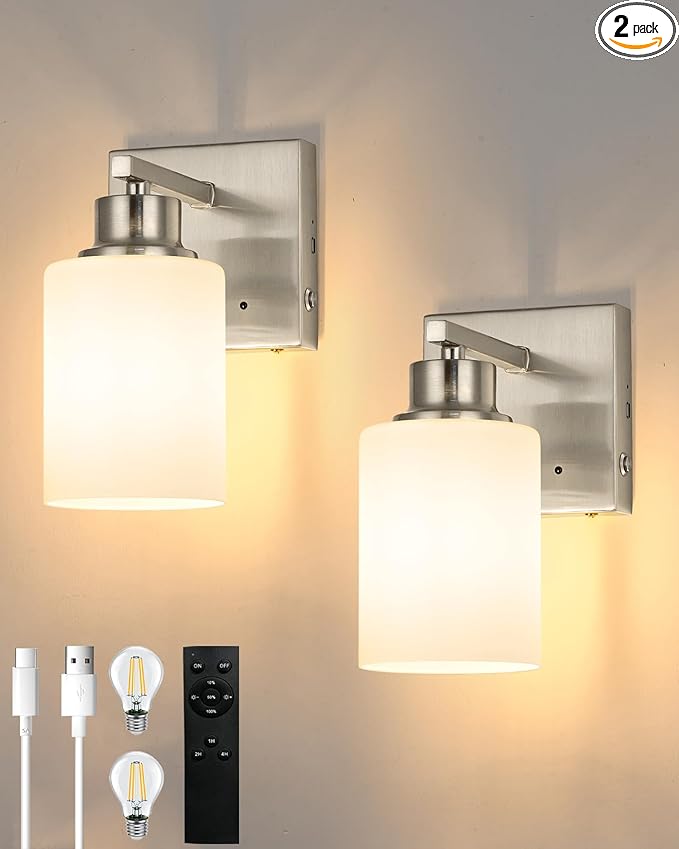 Rayogale Wireless Wall Sconces, Nickel Battery Operated Wall Sconce Set of 2 by Rayogale