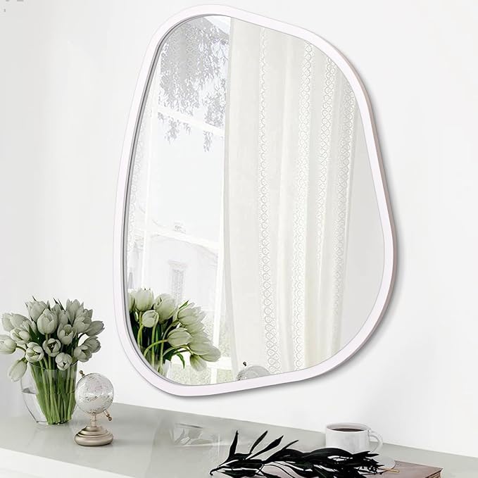 Irregular Wall Mirror Asymmetrical White Mirror Modern Wood Frame Unique Shape by HLFMVWE