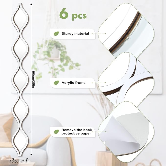 Yulejo 6 Pcs Acrylic Teardrop Mirror Decor Narrow Wall Decor Boho Vintage Wall - Image 2