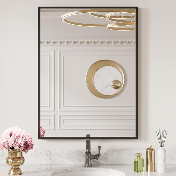 LOAAO 24"X32" Black Rectangle Bathroom Mirror Wall, Matte Black Aluminum Alloy by LOAAO
