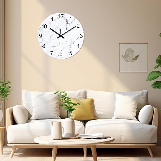 Big White Marble Glass Wall Clocks Battery Operated 16 Inch Abstract Modern - Image 2