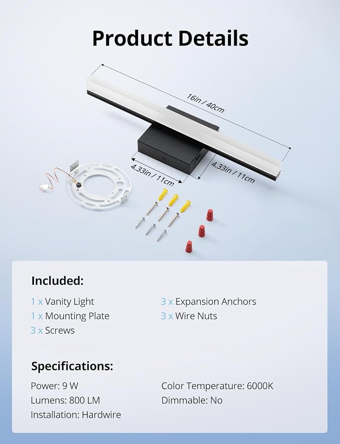 Combuh LED Bathroom Light Fixtures Over Mirror, 16 Inch 9W Black Vanity Light - Image 9