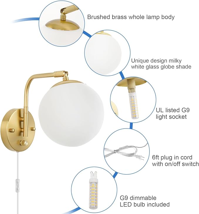 VATONI Dimmable Wall Sconces Plug in, Swing Arm Wall Lights - Image 3