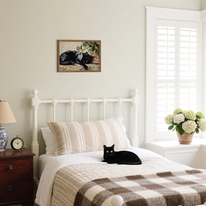 Framed Black Cat Canvas Wall Art, Vintage Sleeping Cat - Image 7