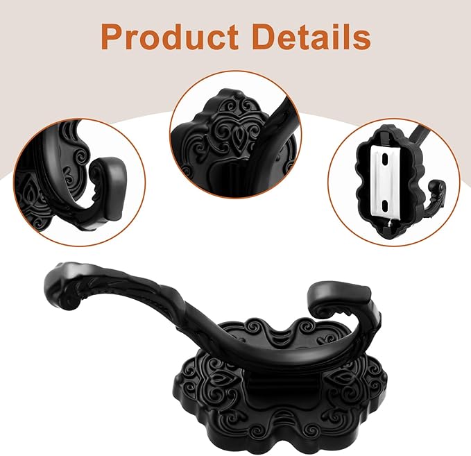 Zonon 4 Pcs Black Wall Hooks Set Vintage Coat & Towel Hooks - Image 3