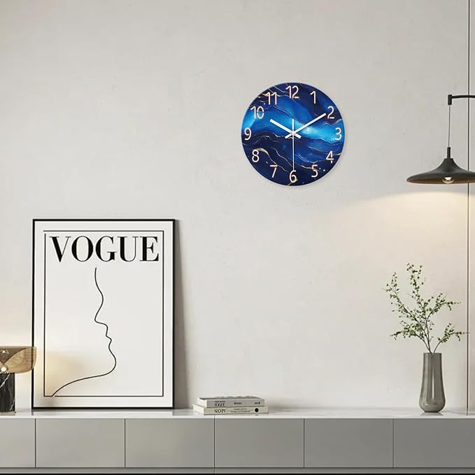 Glass Blue Wall Clocks Battery Operated 16 Inch Marble Pattern Big Clock - Image 5