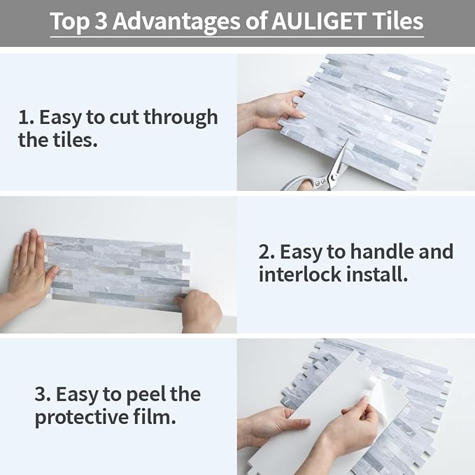 AULIGET Faux Stone Peel and Stick Backsplash, Light Grey Marble Look PVC Mixed - Image 7