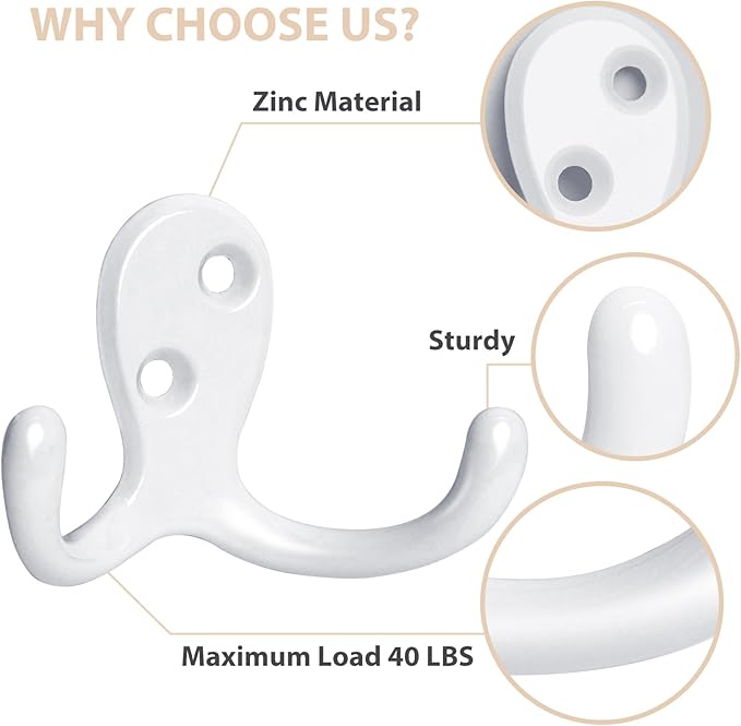 Homanu 14 Pack Coat Hooks, Heavy Duty Double Prong Coat Hooks Wall Mounted - Image 4