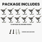 12 pcs Antique Silver Bird Decorative Wall Hooks - Image 4