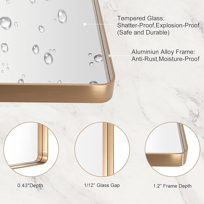 LOAAO 40”X30” Gold Bathroom Mirror, Rounded Rectangle Gold Frame Mirror - Image 4