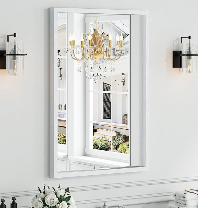 Syndra White Wood Frame Bathroom Mirror, Waterproof Slim Deep Frame, by Syndra