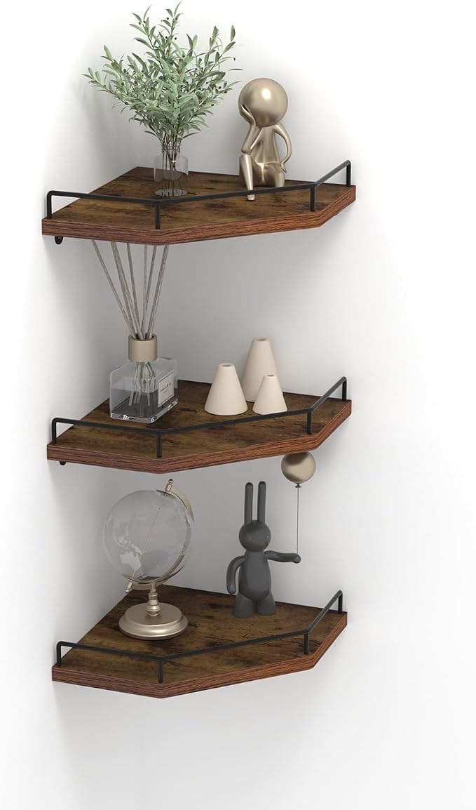 Trwcrt Corner Shelf Wall Mounted Set of 3, Floating Wall Shelves Rustic Wooden by Trwcrt