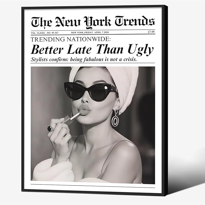 Trendy Newspaper Black Framed Posters Better Late Than Ugly Wall Art Vintage by FuSatisYilife