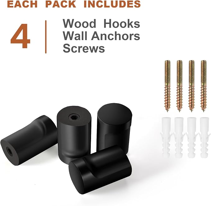 bsdonte Wood Wall Hooks, 4 Pack Black Decorative Coat Hooks Wall Mounted - Image 7
