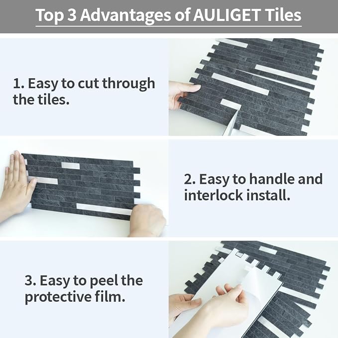 AULIGET 20 Sheets Black Slate Peel and Stick Backsplash, PVC Mixed Metal Silver - Image 7
