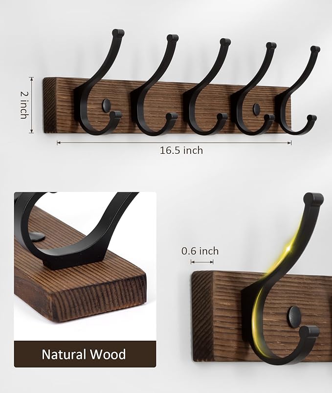 Optish Coat Rack Wall Mount, 16.5 Inches Wood Coat Hooks, Wall Hooks - Image 7