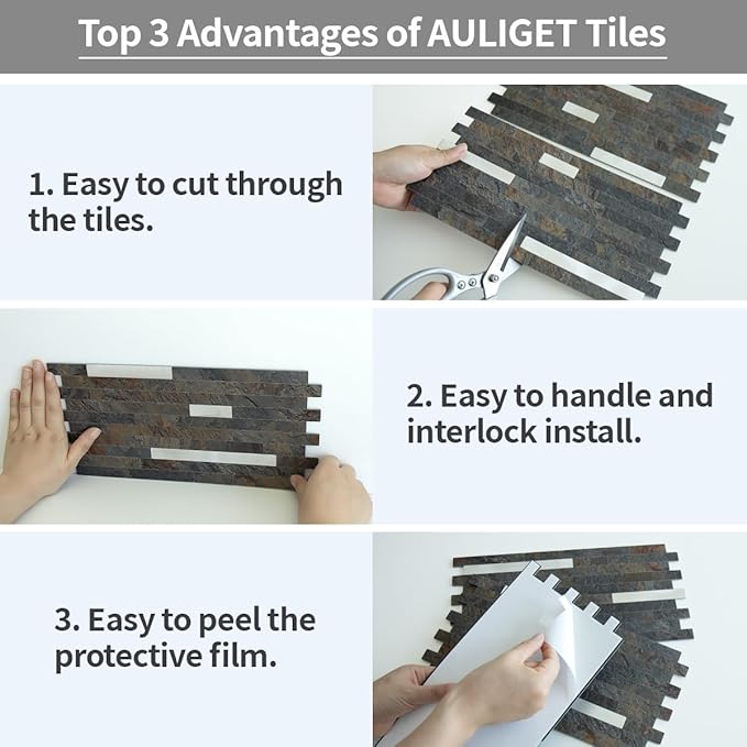 AULIGET 2 Sheets Rust Slate Peel and Stick Backsplash, PVC Mixed Metal Silver - Image 7