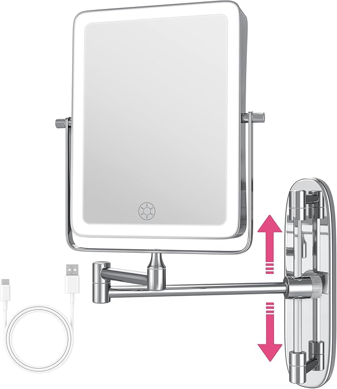 Wall Mounted Lighted Makeup Mirror, Rectangle Double Sided 1X/7X Magnifying by Qimh