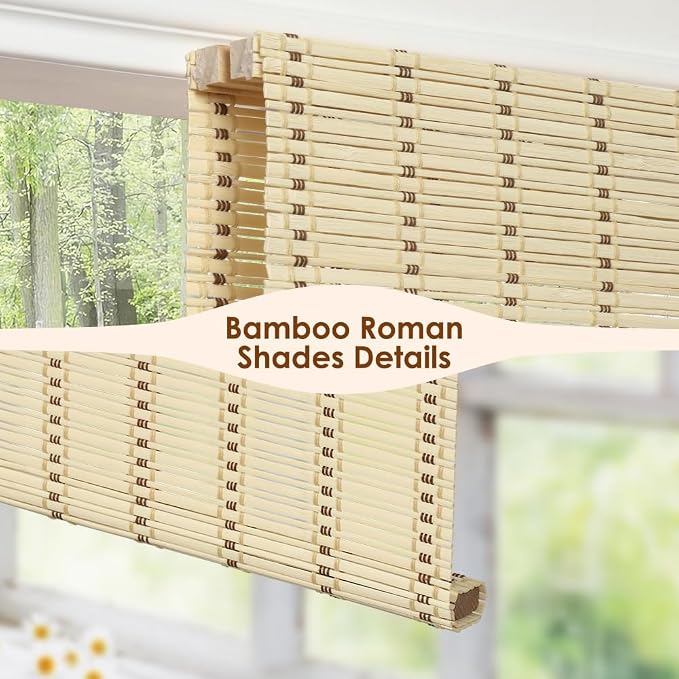 Cordless Bamboo Roman Shades, Light Filtering Bamboo Blinds Shades - Image 2