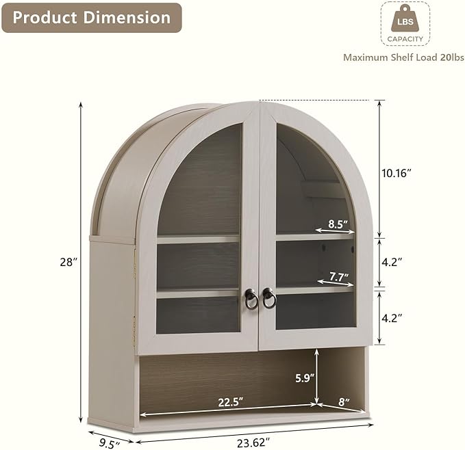 IFGET Bathroom Arched Wall Cabinet, 23.6'' Wide Medicine Cabinet - Image 2