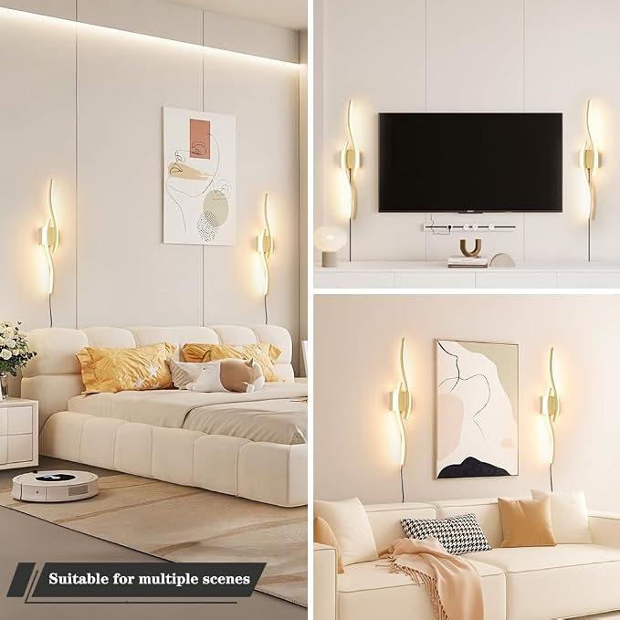 Daunton Modern Gold Plug in Wall Sconce Set of 2, Indoor Dimmable Light Fixture - Image 4