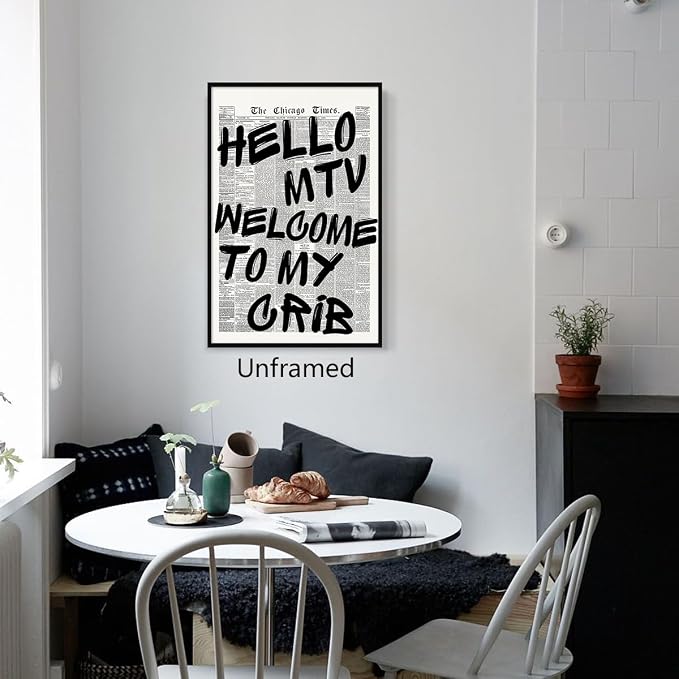 Enlaizhude Hello MTV Welcome To My Crib Quote Poster, Vintage Black White - Image 5