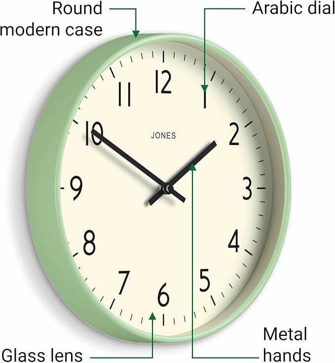 JONES CLOCKS® Studio wall Clock | Modern Round Style | 12 inch | Neo Mint Green - Image 6
