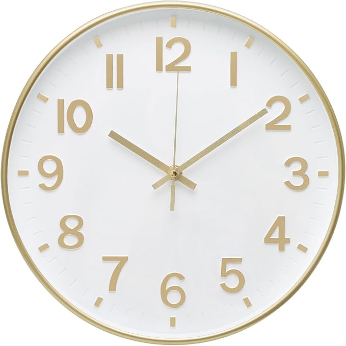 Wall Clock 12 Inch White-Gold Modern Simple Quartz Decorative Clock Non-Ticking by BAKBRAND