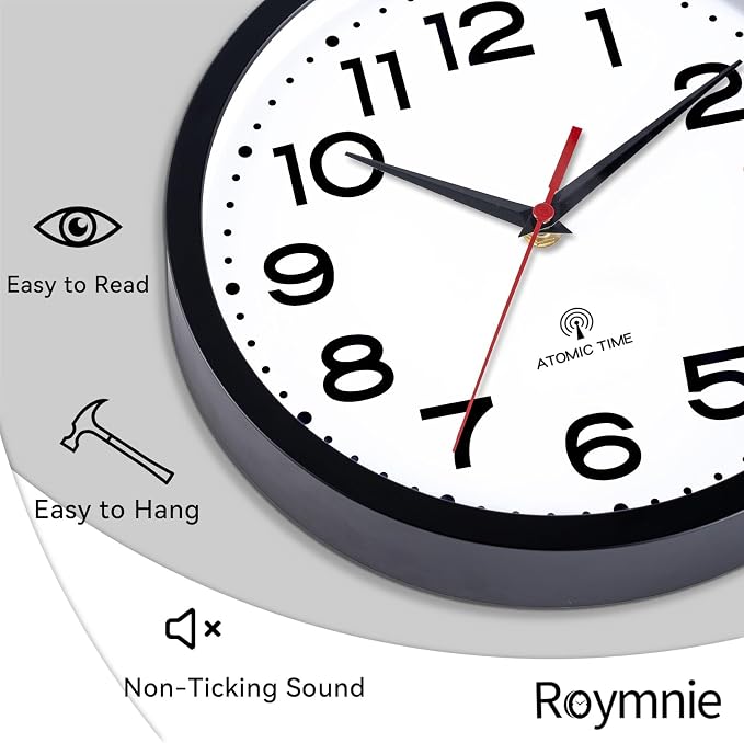 Roymnie Atomic Wall Clock 10 Inch, Modern Clock Battery Operated Classic Analog - Image 9