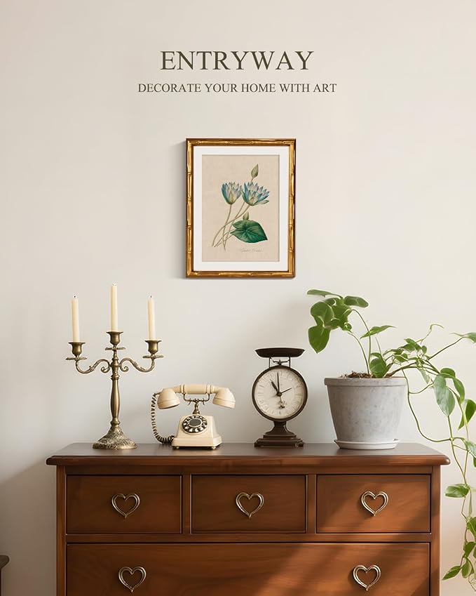 InSimSea Gold Bamboo Framed Canvas Wall Art, Retro Blue Lotus Botanical Prints - Image 4