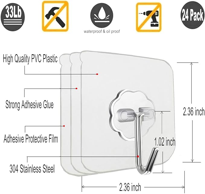 Jwxstore 24 Pack Self Adhesive Hooks Heavy Duty - 33lb Max - Image 2