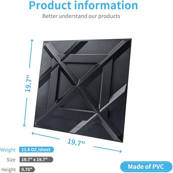 Art3d PVC 3D Wall Panel, Decorative Wall Tile in Black 12-Pack 19.7"x19.7" - Image 4