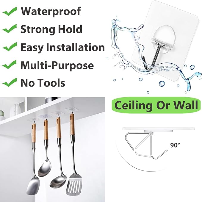 JINSHUNFA Adhesive Wall Hooks 13LB Heavy Duty No Drill Transparent Waterproof - Image 2